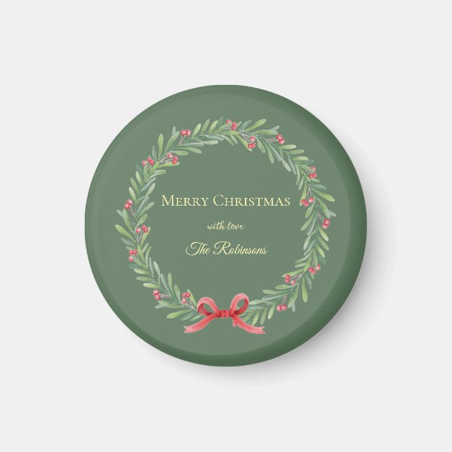 Botanical Christmas Wreath Modern Script Magnet (Framsidan)
