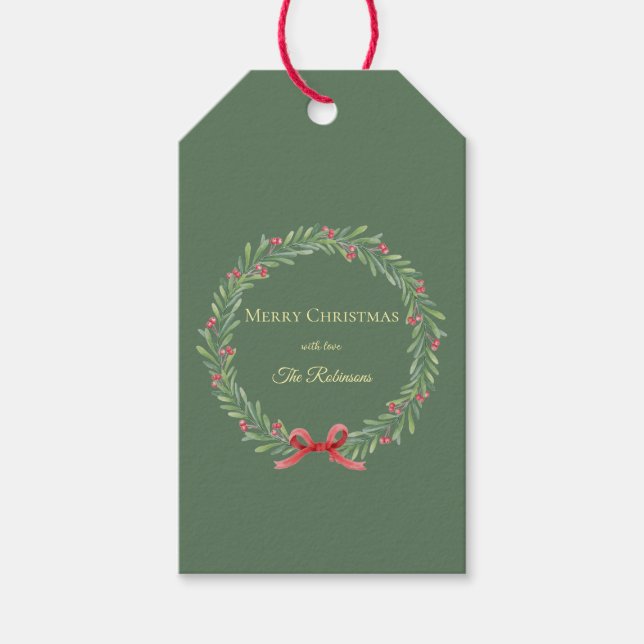 Botanical Christmas Wreath Modern Script  Presentetikett (Framsidan)