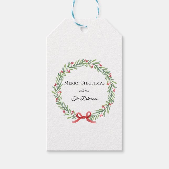 Botanical Christmas Wreath Modern Script  Presentetikett (Framsidan)