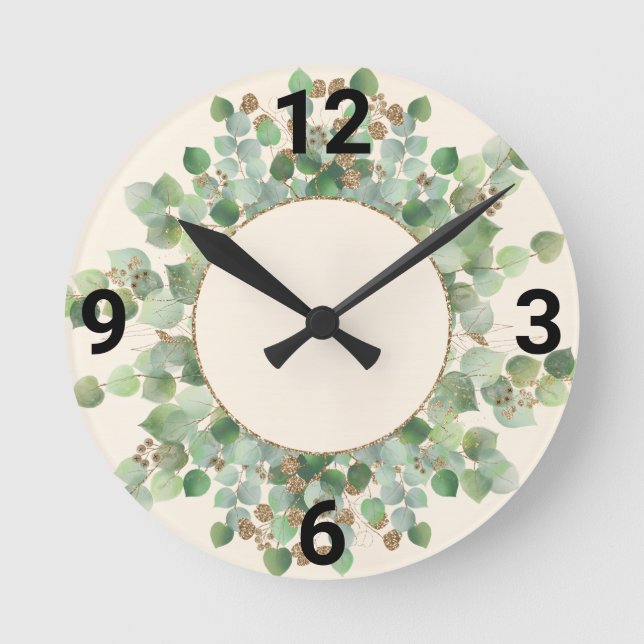 BOTANICAL CREAM WALL CLOCK MED GRÖNT RUND KLOCKA (Framsida)