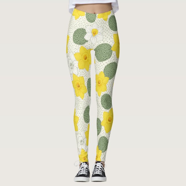 Botanical Daffodil Floral Geometric Pattern (1) Leggings (Framsida)