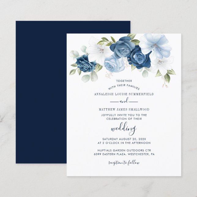 Botanical Dusty Blue Floral Wedding Invitation (Fram/baksida)