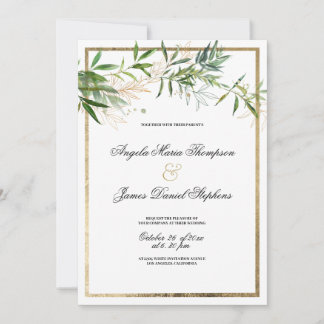 Botanical elegant white mint gold foliage wedding  inbjudningar