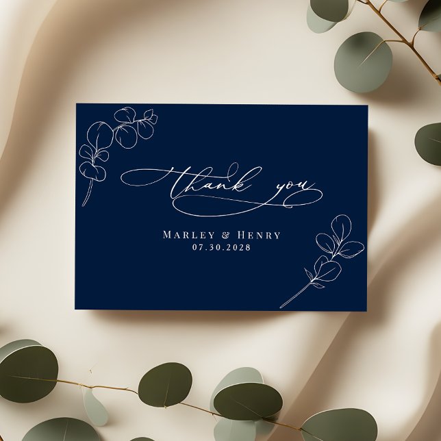 Botanical Eucalyptus Leaves Navy Blue Wedding Tack Kort (Skapare uppladdad)