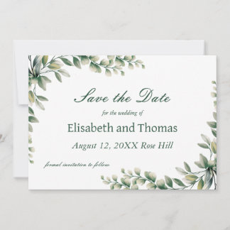 Botanical eucalyptus leaves save the date card tack kort