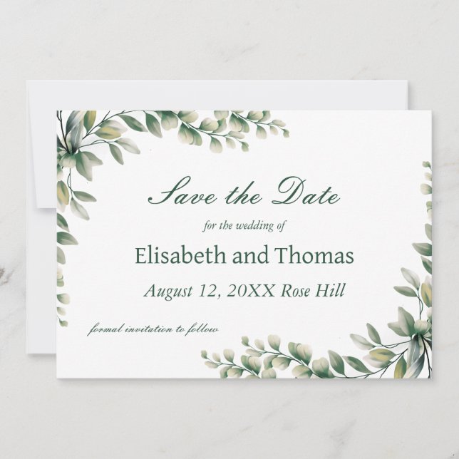 Botanical eucalyptus leaves save the date card tack kort (Framsida)
