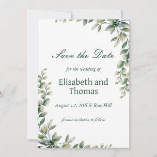 Botanical eucalyptus leaves save the date card tack kort