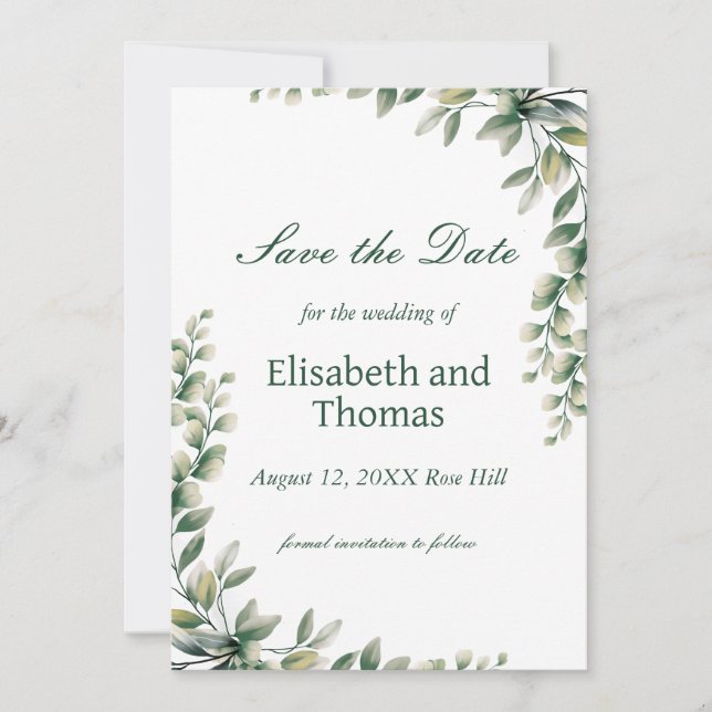 Botanical eucalyptus leaves save the date card tack kort (Framsida)