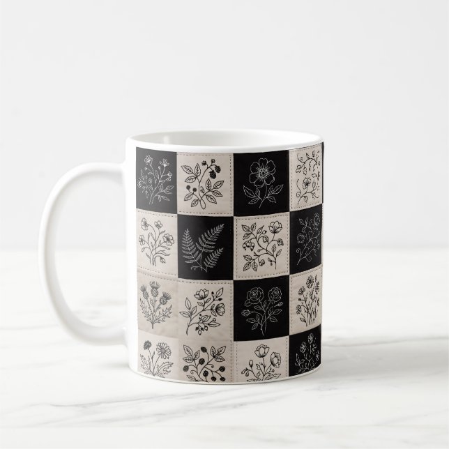 Botanical Floral Leather Look Patchwork Stitched  Kaffemugg (Vänster)