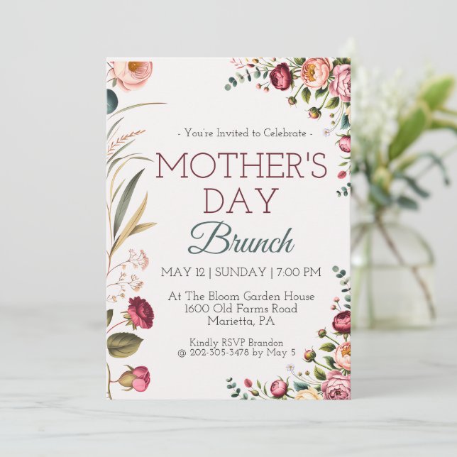 Botanical Floral Mothers Day Brunch Invitation Inbjudningar (Stående Fram)