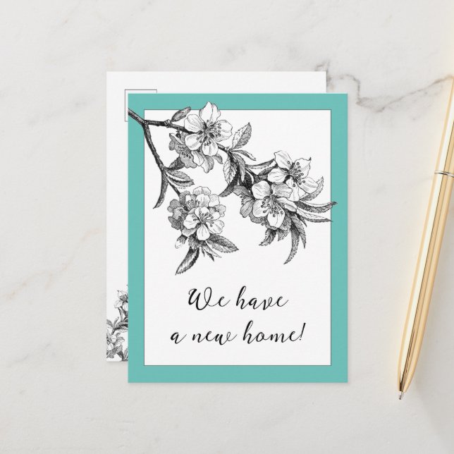 Botanical Floral Moving Announcement Postcard Meddelande Vykort (Fram/Back In Situ)