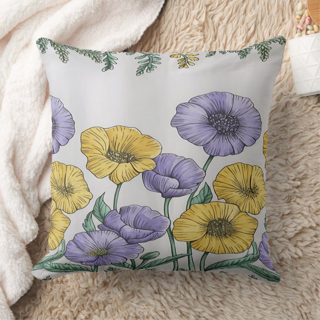 Botanical Floral Pillowcase – Purple & Yellow Hand Kudde (Filt)