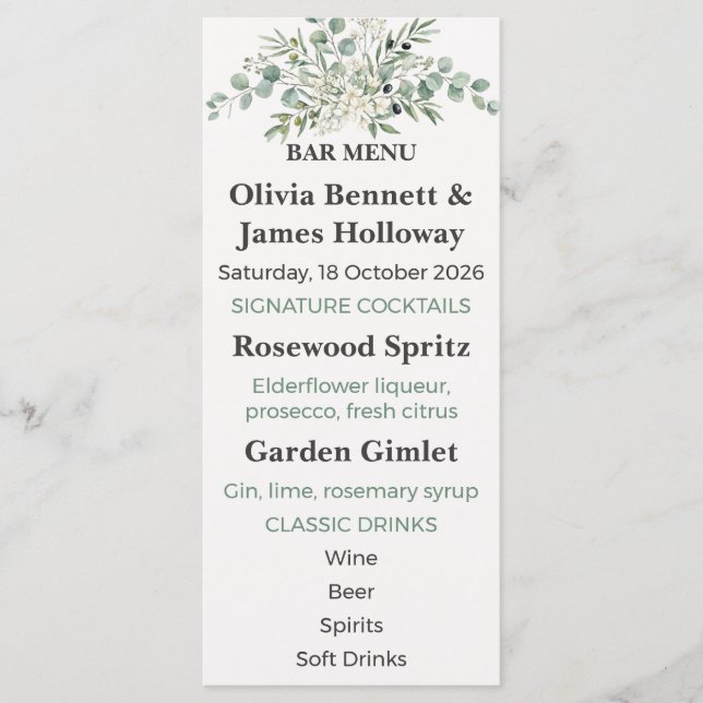 Botanical Garden Wedding Bar Menu Meny (Framsida)