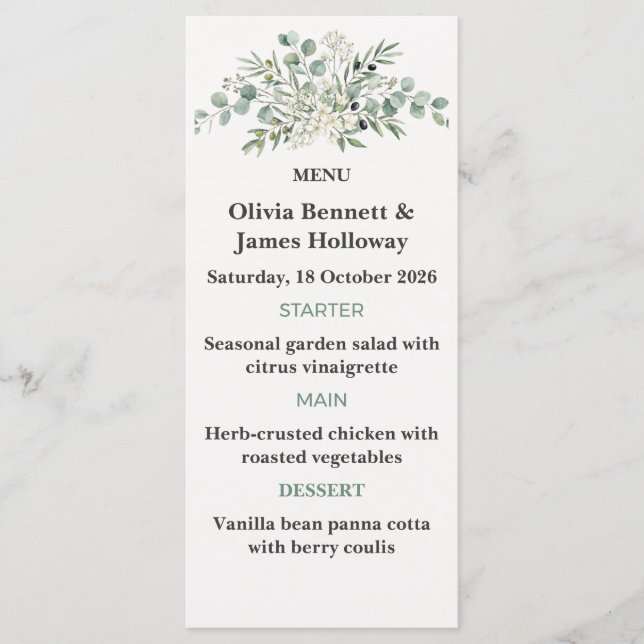 Botanical Garden Wedding Menu Cards Meny (Framsida)