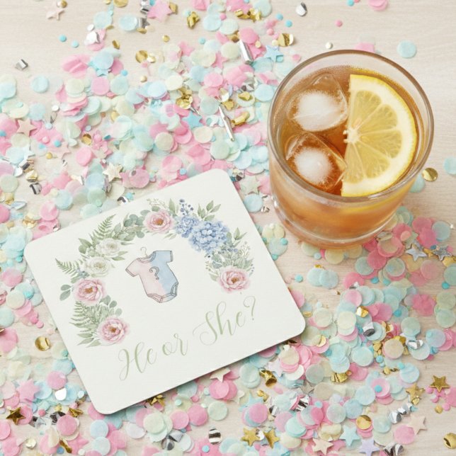 Botanical Gender Reveal Underlägg Papper Kvadrat (Gender reveal party drink coaster)