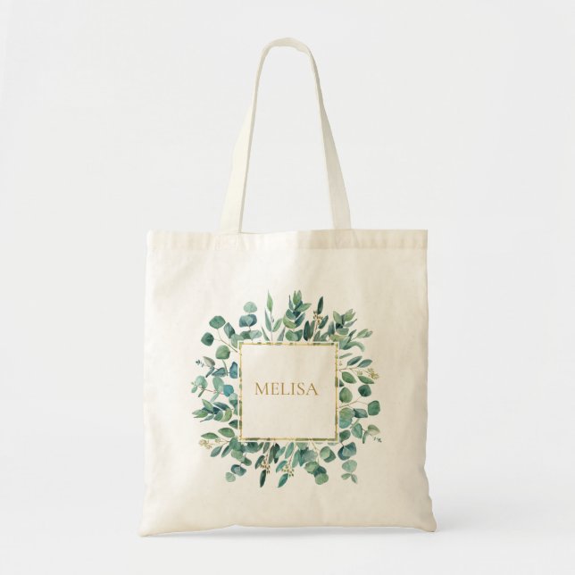 Botanical Gold Greenery Eucalyptus Tote Bag Tygkasse (Framsidan)