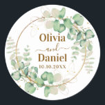 Botanical Gold Greenery Personalize For Wedding Runt Klistermärke<br><div class="desc">Botanical Gold Greenery Personalize For Wedding Classic Round Sticker. This personalized watercolor eucalyptus greenery,  green leaves and a gold circle frame. For more advanced customization of this design,  Please click the "Customize further" link. Matching items are also available.</div>