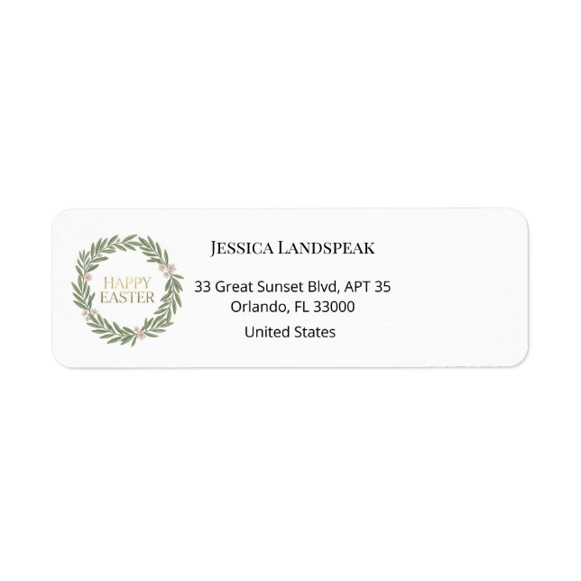 Botanical Gold Wreath & Floral Easter Returadress Etikett (Framsidan)