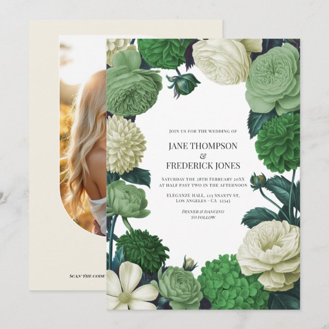 Botanical Green, Fern Shadow & Ivory Bud Wedding Inbjudningar (Fram/baksida)
