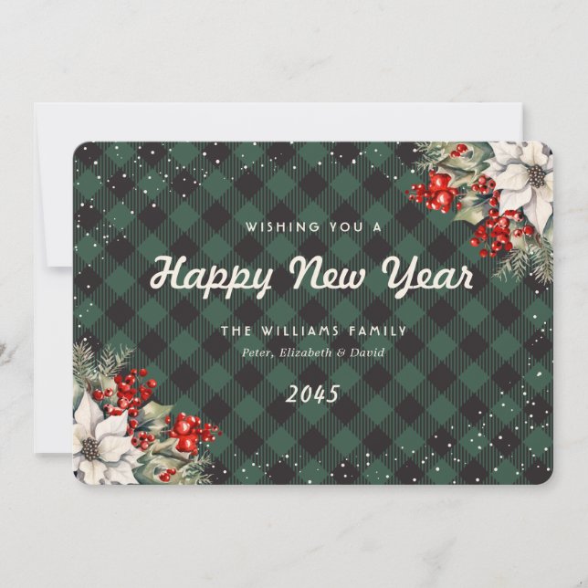 Botanical Green Plaid Snow New Year Card Julkort (Framsida)