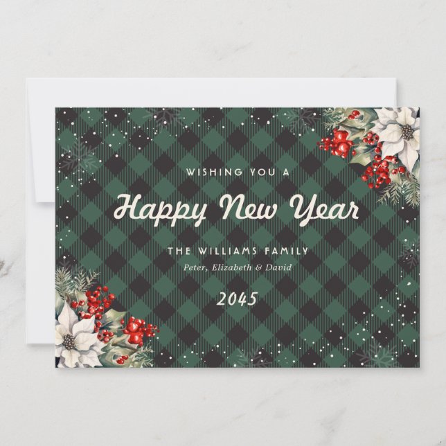 Botanical Green Plaid Snowflake New Year Card Julkort (Framsida)