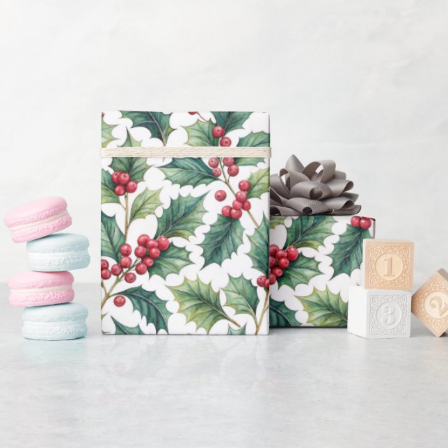 Botanical Greenery Holly and Cherries Holiday  Presentpapper (Baby Shower)