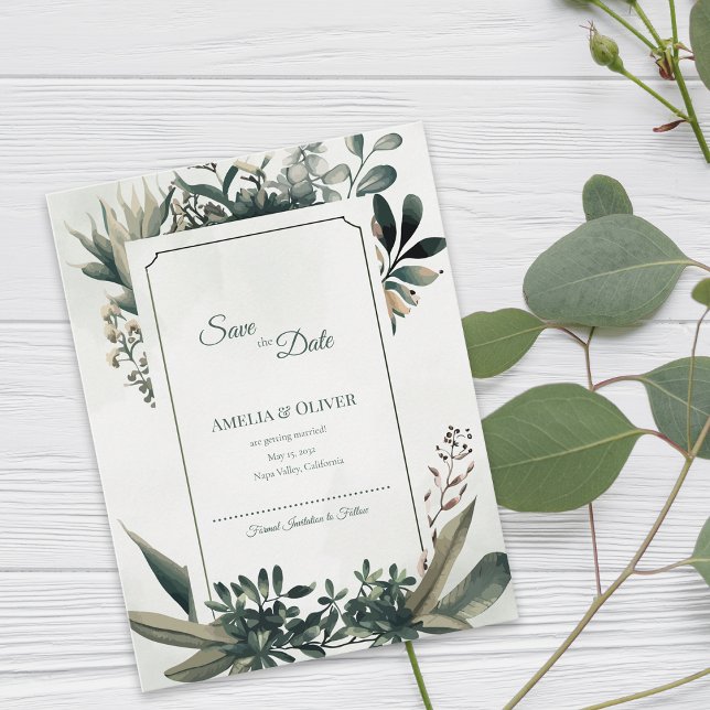 Botanical Greenery Sage Green Garden Wedding Meddelande Vykort (Botanical Greenery Save the Date | Elegant Sage Green Garden Wedding Announcement)