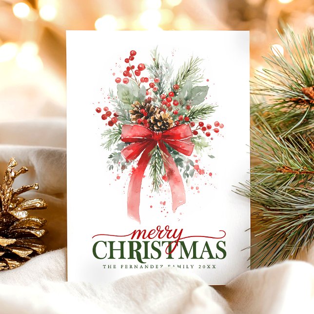  Botanical Greenery watercolor Merry Christmas Julkort (Skapare uppladdad)