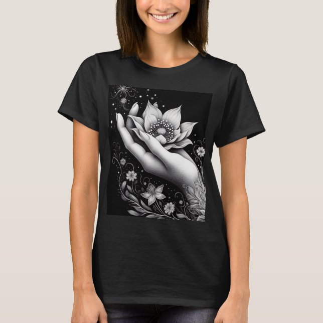 Botanical Hand Etching with Falling Petals Canvas T Shirt (Framsida)