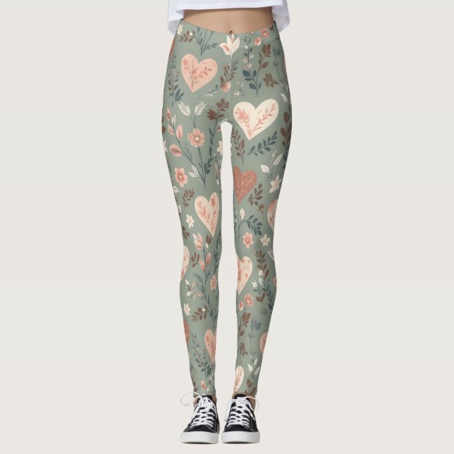 Botanical Hearts Romantic Floral Seamless Pattern  Leggings (Framsida)