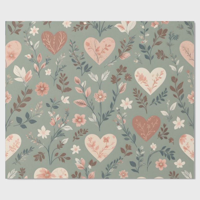 Botanical Hearts Romantic Floral Seamless Pattern  Presentpapper (Platt)