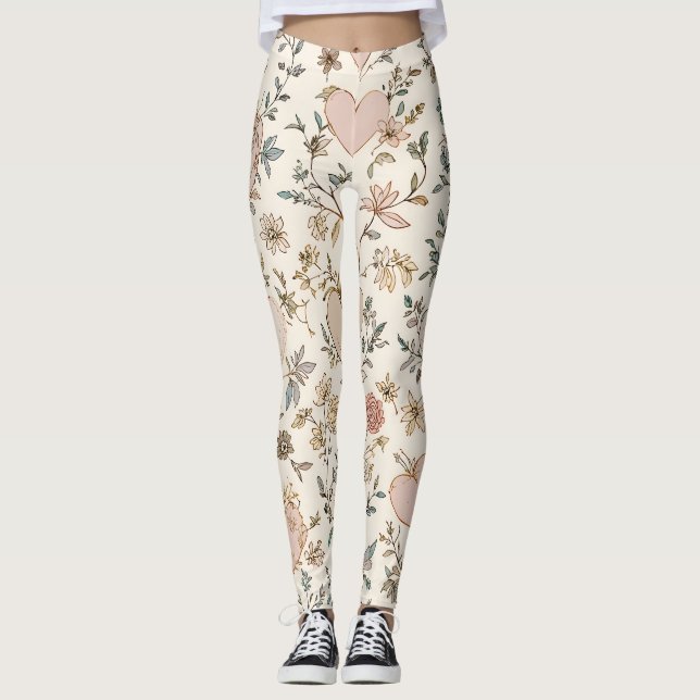 Botanical Hearts Romantic Floral Valentine Pattern Leggings (Framsida)