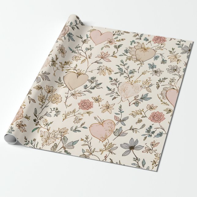 Botanical Hearts Romantic Floral Valentine Pattern Presentpapper (Utrullad)