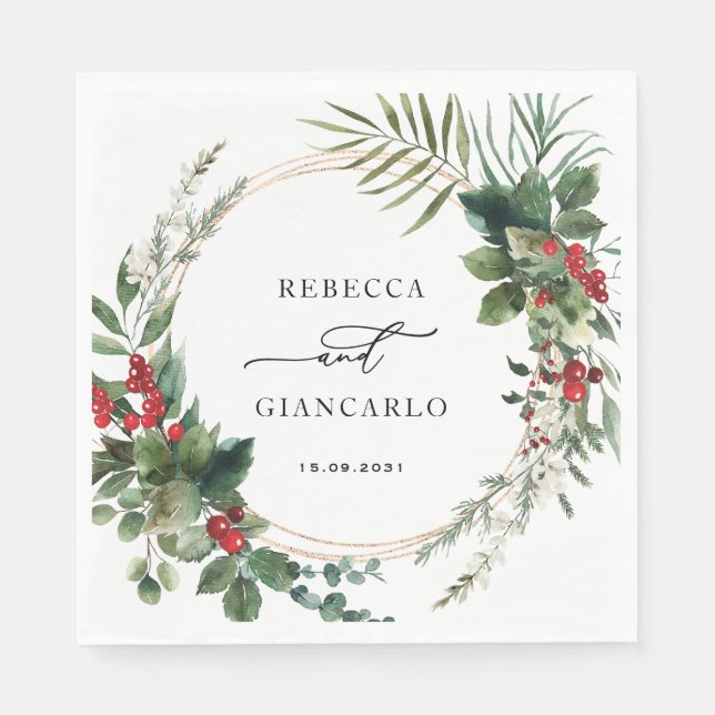 Botanical Holiday Greenery Red Berries Wedding Pappersservett (Framsidan)