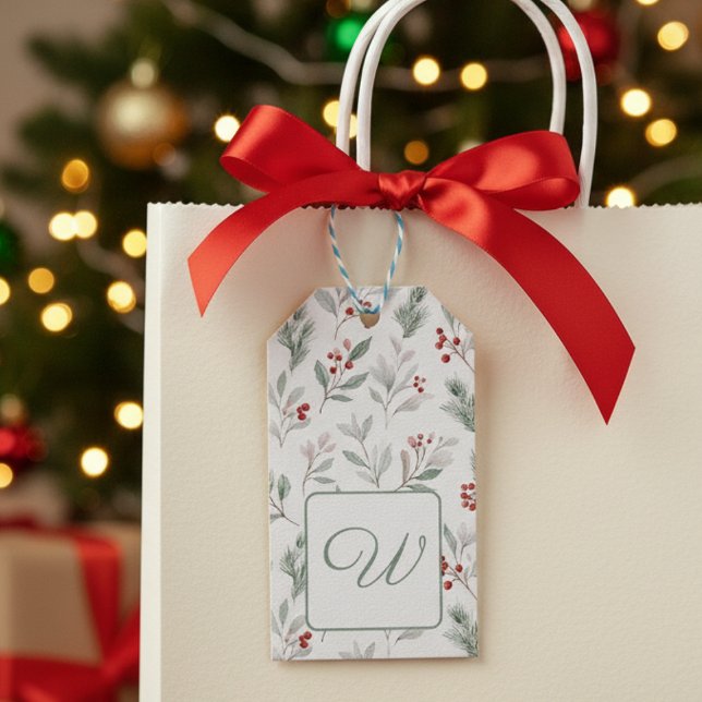 Botanical Initial Presentetikett (Holiday monogram gift tag)
