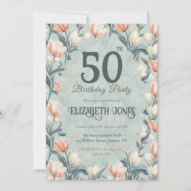 Botanical Inspired Tulip Themed Custom Birthday Inbjudningar (Framsida)
