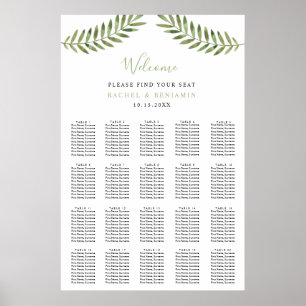 botanical leaves watercolor wedding seating chart poster