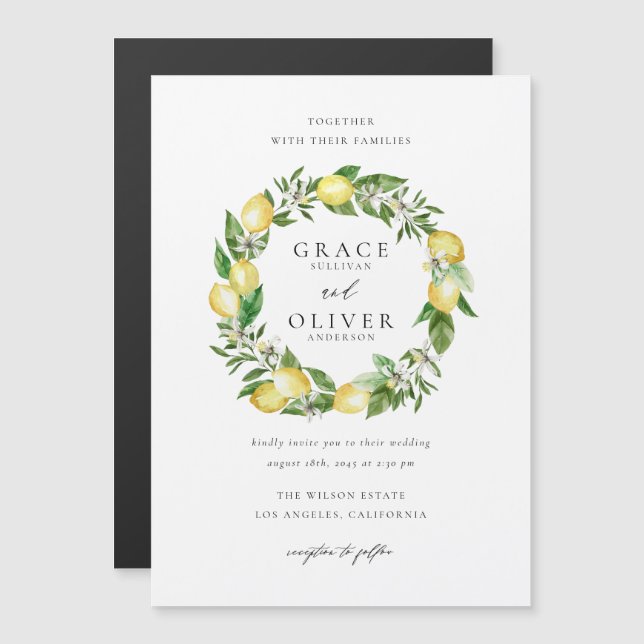 Botanical Lemon and Greenery Wreath Garden Wedding Magnetisk Inbjudningskort (Fram/baksida)