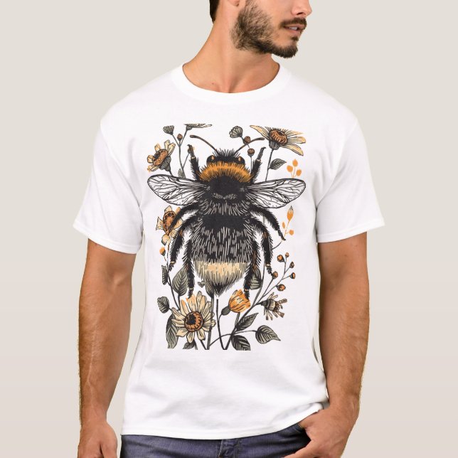 Botanical Linocut Bumblebee Design T Shirt (Framsida)