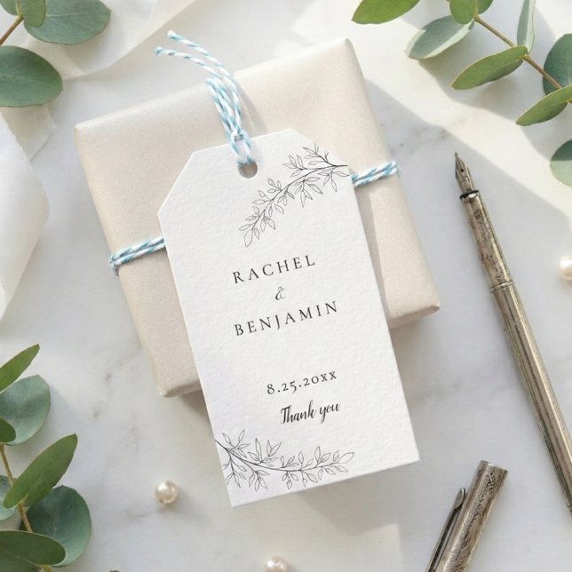 Botanical Minimalist Wedding Thank you Black White Presentetikett (Skapare uppladdad)