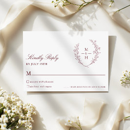 Botanical Monogram Burgundy Script Wedding RSVP OSA Kort