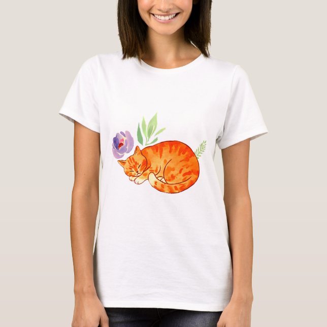 Botanical Nap: Watercolor Tabby in Pastel Calm T Shirt (Framsida)
