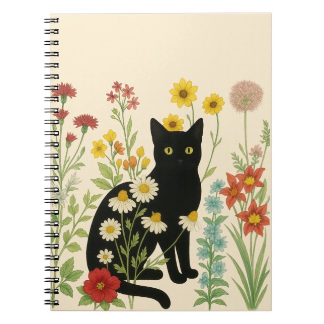 Botanical Nature – Black Cat in Wildflower Garden Anteckningsbok (Framsidan)
