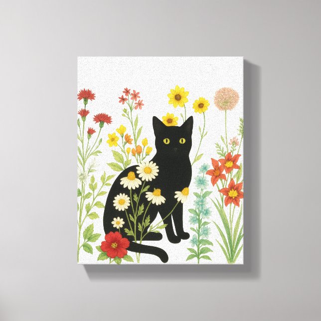 Botanical Nature – Black Cat in Wildflower Garden Canvastryck (Framsida)