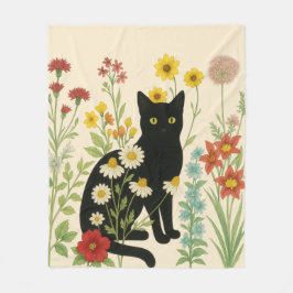 Botanical Nature – Black Cat in Wildflower Garden Fleecefilt