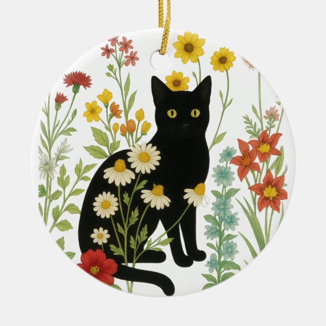 Botanical Nature – Black Cat in Wildflower Garden Julgransprydnad Keramik (Framsidan)