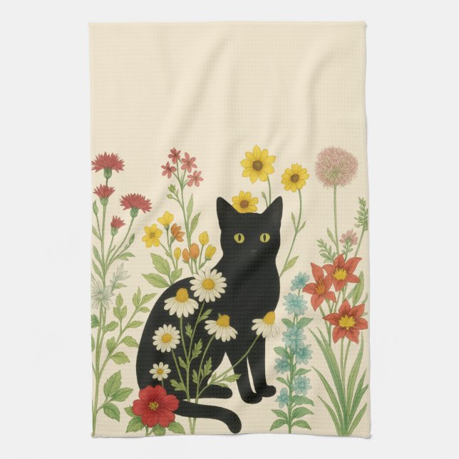 Botanical Nature – Black Cat in Wildflower Garden Kökshandduk (Vertikal)