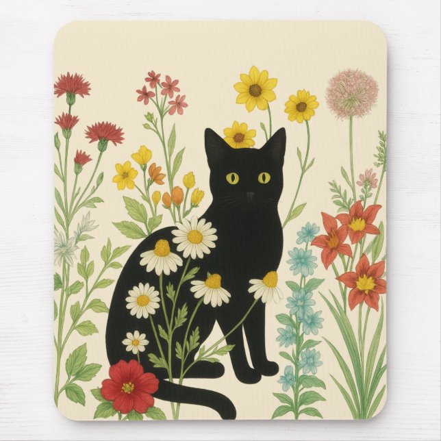 Botanical Nature – Black Cat in Wildflower Garden Musmatta (Framsidan)