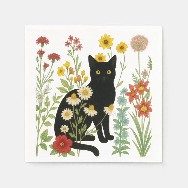  Botanical Nature – Black Cat in Wildflower Garden Pappersservett (Framsidan)