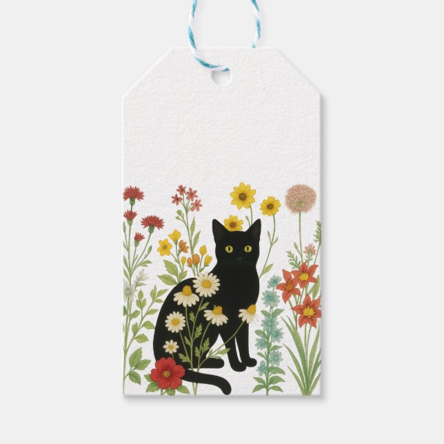 Botanical Nature – Black Cat in Wildflower Garden Presentetikett (Framsidan)